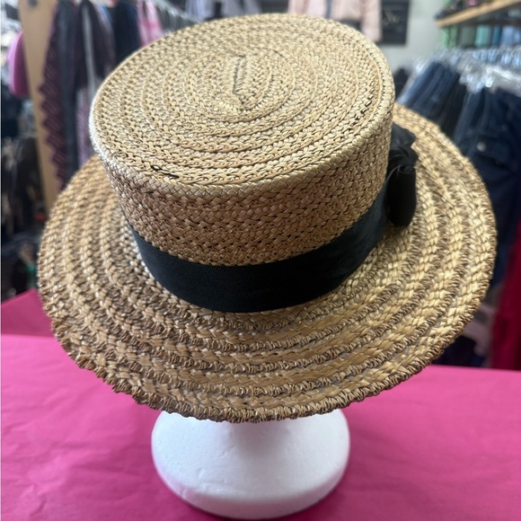 Vintage Straw Boater Hat Pilgrim Fashion Tower Flat Brim Black Ribbon